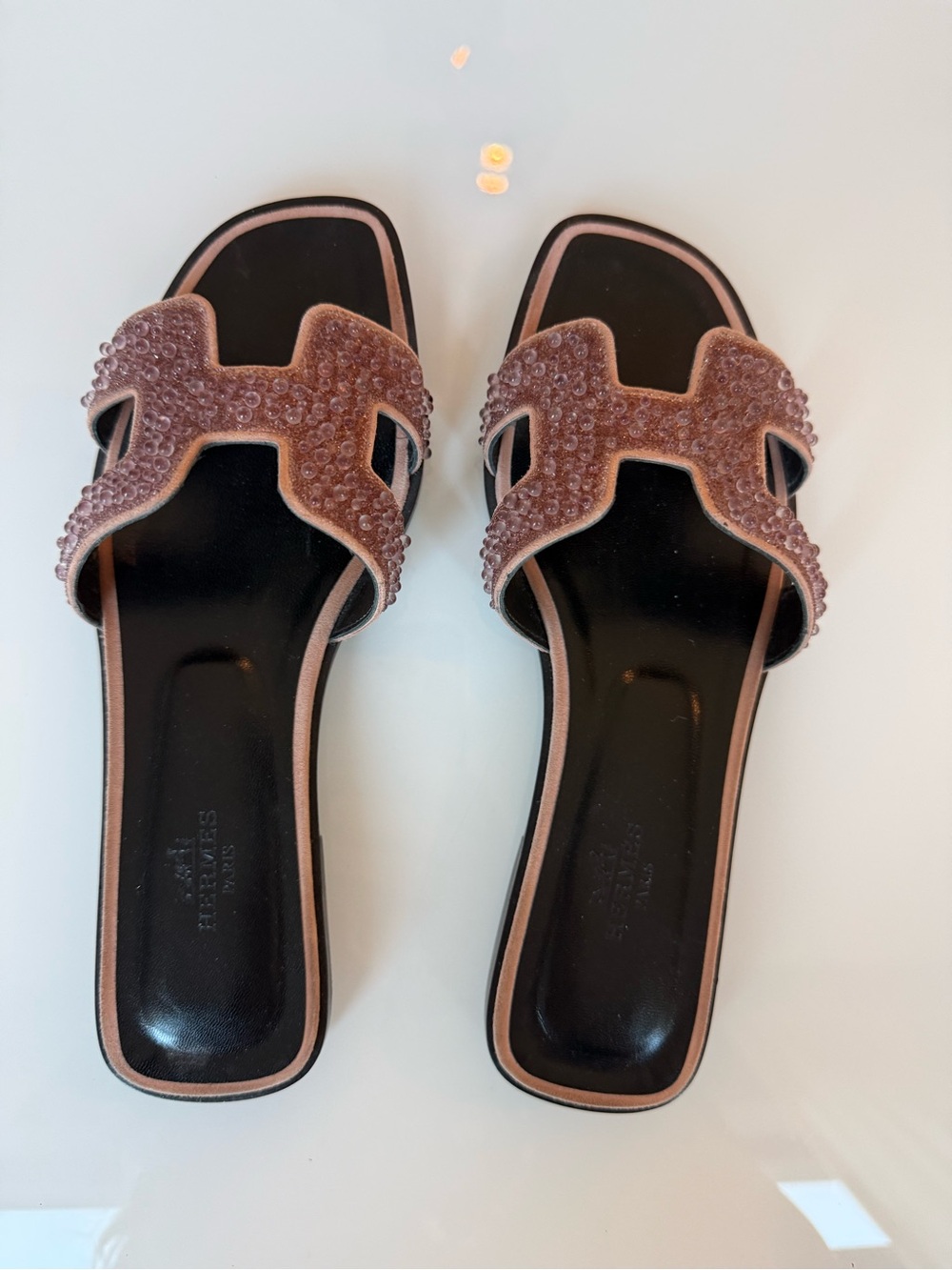 Hermes Pink Velvet Embellished Slide Sandals